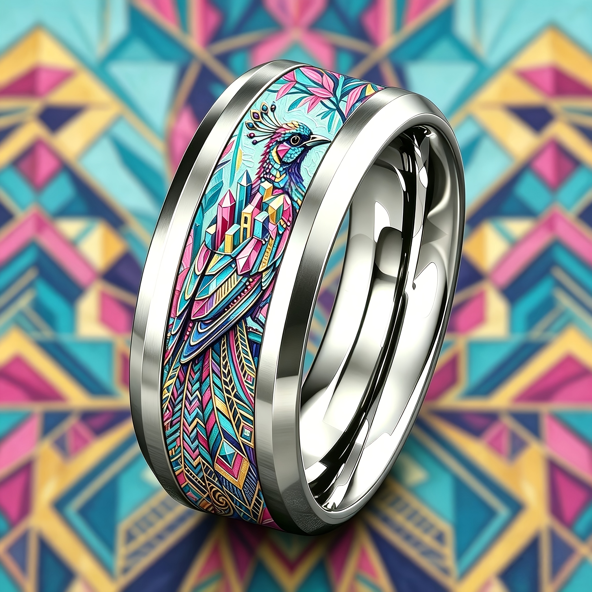 Men's Ethnic Iridescent Peacock Stainless Steel Ring